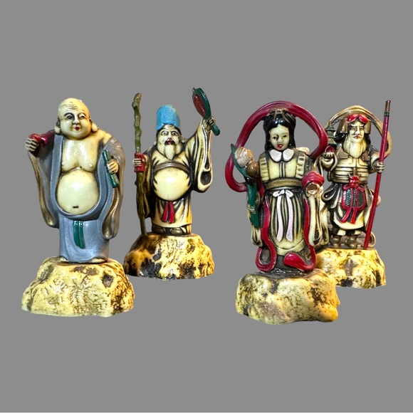 SET OF 7 VINTAGE JAPANESE GODS OF FORTUNE DEITIES FIGURINES - Picture 1 of 12